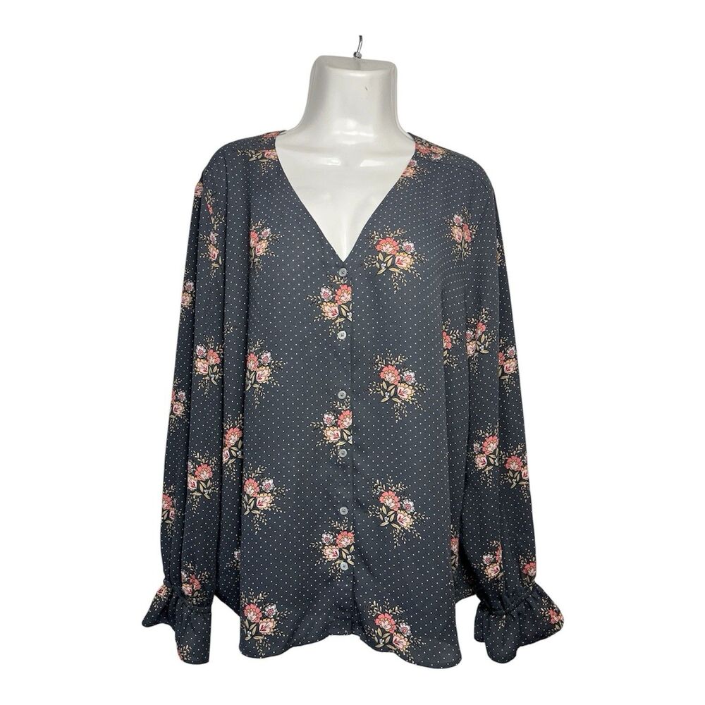 LOFT Women Button Up Blouse XL Gray Floral Polka Dot V-Neck Long Sleeve Boho Top